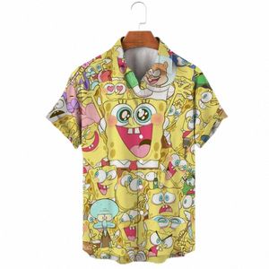 2023 Summer New Harajuku Casual Shirt Mignon Spgebob Anime Street Trend Polyvalent Hommes Revers Chemise à manches courtes J1ov #