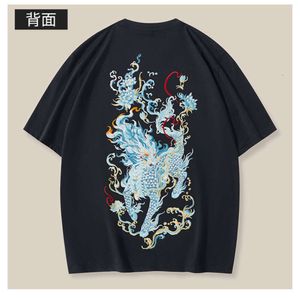 2023 Zomer Nieuwe Zware Industrie Kirin Borduren Katoen Korte Mouw T-shirt Mannen Losse Grote China-Chique Chinese stijl Mannen