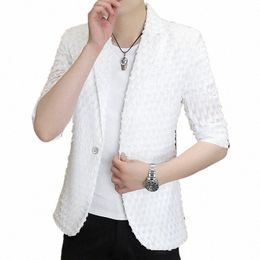 2023 Été Nouveaux Hommes Blazers 3/4 Manches Costume Casual Veste Mince Respirant Slim Fit Busin Coiffeur Social Blazer Masculino V0Fz #