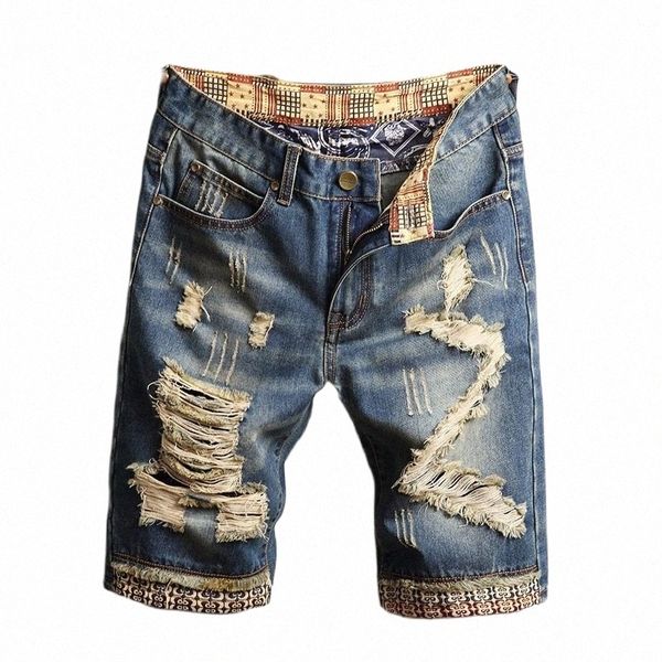 2023 Summer Nouveaux hommes Vintage Ripped Jeans courts Streetwear Hole Slim Denim Shorts Homme Marque Vêtements Taille 28-30 31 32 33 34 36 38 t2RD #