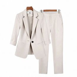 2023 Verano Nueva chaqueta delgada Blazer Casual Pantalones de pierna ancha Dos piezas Pantalones de mujer elegantes Conjunto Trajes de oficina Busin Ropa j9g7 #