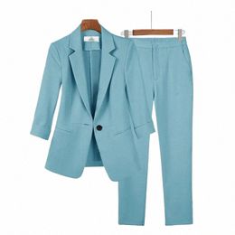 2023 Verano Nueva chaqueta delgada Blazer Casual Pantalones de pierna ancha Dos piezas Pantalones de mujer elegantes Conjunto Trajes de oficina Busin Ropa G5S8 #