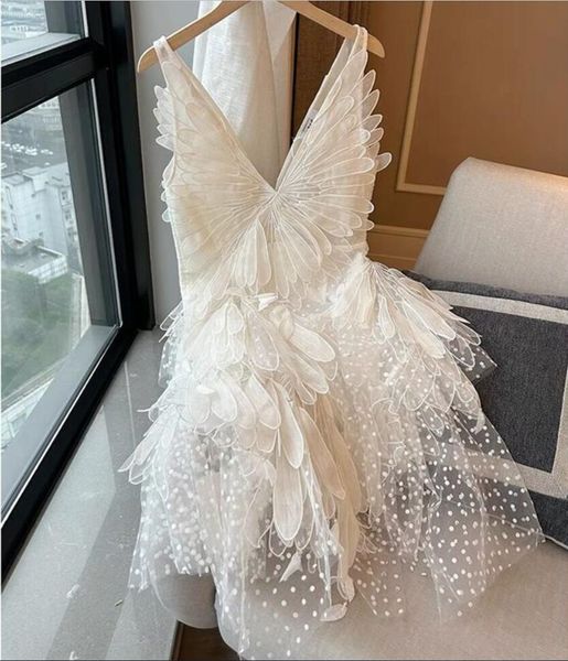 Miu – robe courte en plumes de cygne blanc, col en v, à pois, nouvelle collection été 2023