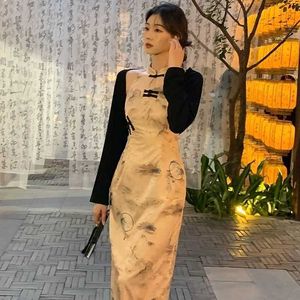2023 été nouveau bouton Vintage Fairycore robes moulantes Style chinois Qipao Cheongsam imprimé Floral mince robe de soirée