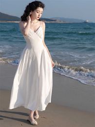 2023 verão nova moda feminina elegante midi vestidos de alça espaguete vintage férias praia festa feminina uma linha roupas vestidos