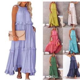 2023 été nouvelles femmes Maxi robe Style de vacances Lotus feuille bord longue robe Sexy sans manches plage jupe pour les femmes