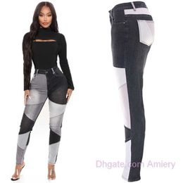 2023 Zomerbroeken blauw en zwarte dubbele kleur broek splicing street trendy katoenen wasspaal jeans hoge taille damesbroek