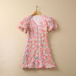 2023 verano rosa floral 3D flores con paneles vestido de tul de manga corta con cuello en V botones cortos vestidos casuales S3W220518