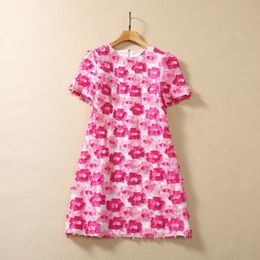 2023 Zomer Roze Bloemenprint 3D Bloemen Panelled Jurk Korte Mouw Ronde Hals Korte Casual Jurken S3G040804 Plus Size XXL