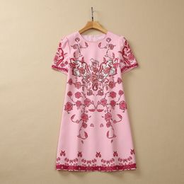 2023 été rose imprimé fleuri perlé coton robe à manches courtes col rond strass courtes robes décontractées S3L070608