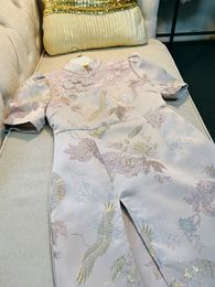 2023 été rose imprimé fleuri lambrissé dentelle Cheongsam robe à manches courtes col montant boutons genou longueur robes décontractées Y3L04