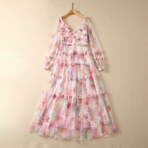 2023 Zomer Roze Bloemenprint Panelled Tule Stringy Selvedge Backless Jurk Lange Mouwen V-hals Lange Maxi Casual Jurken S3Q060705