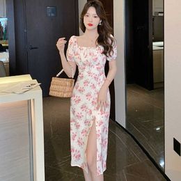 2023 été rose floral à manches courtes col carré robe mi-longue 2023 mode élégante tenue décontractée femmes coréenne moulante robe de soirée