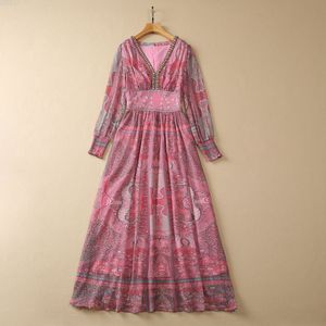 2023 Zomer roze paisley print kralen chiffon jurk lange mouw v-neck panelen lange maxi casual jurken s3w030427