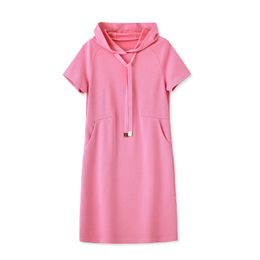 2023 été rose couleur unie robe à manches courtes col à capuche genou longueur robes décontractées W3L046211