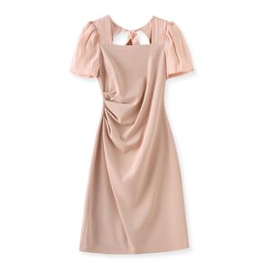 2023 été rose couleur unie robe à manches courtes col carré genou longueur robes décontractées W3L041106