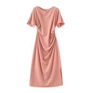 2023 été rose couleur unie robe à manches courtes col rond midi robes décontractées W3L041104