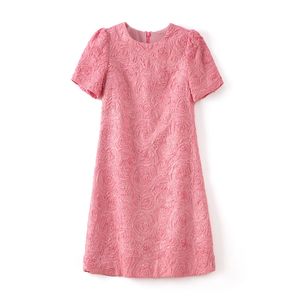 2023 été rose couleur unie robe à manches courtes col rond genou longueur robes décontractées W3L041903