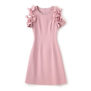 2023 été rose couleur unie robe à manches courtes col rond genou longueur robes décontractées W3L049703