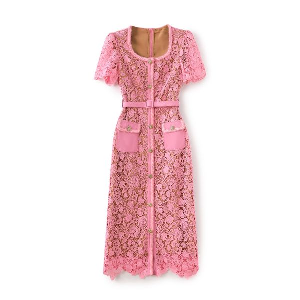 2023 été rose couleur unie broderie robe à manches courtes col carré boutons Midi robes décontractées W3L043105