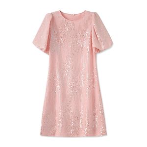 2023 verano rosa Color sólido bordado vestido de manga corta cuello redondo con cuentas hasta la rodilla vestidos casuales W3L049707