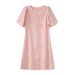 2023 été rose couleur unie broderie robe à manches courtes col rond perlé genou longueur robes décontractées W3L049707