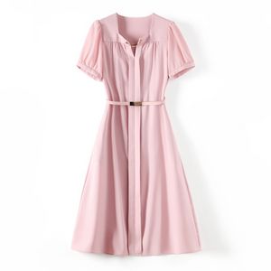 2023 Zomer roze massief kleuren taille riem met korte mouwen Korthek Vierkante nek paneel met knielengte casual jurken W3L043309
