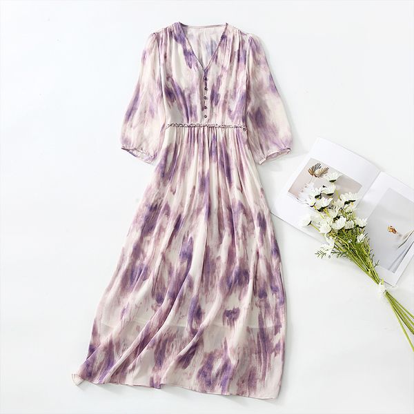 2023 été violet contraste couleur armure taille robe en soie manches 3/4 col en v boutons midi robes décontractées C3Q04 grande taille XXL 75072