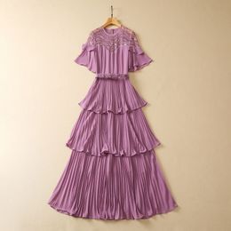 2023 Verão Roxo Bordado Lantejoulas Cinto Chiffon Vestido Manga Curta Decote Redondo Plissado Longo Maxi Vestidos Casuais S3L090608