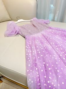 2023 été violet à pois imprimé lambrissé robe en tulle à manches courtes col carré paillettes perlées midi robes décontractées J3L127315