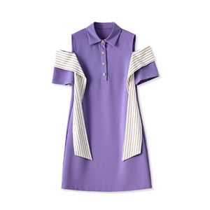 2023 été violet contraste couleur robe à manches courtes revers cou genou longueur robes décontractées W3L045201