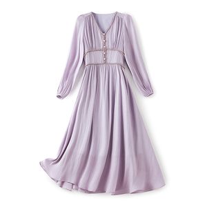 2023 été violet couleur unie robe à manches longues col en v midi robes décontractées W3L042103