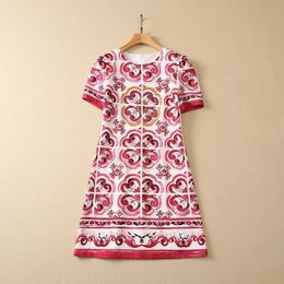 Vestido de algodón con cuentas y estampado de Cachemira roja de verano 2023, vestidos informales cortos de manga corta con cuello redondo y diamantes de imitación S3L070608
