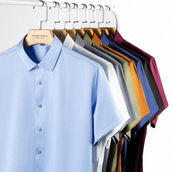 2024 Hommes soyeux chemises commerciales formelles à manches courtes matériau haute densité solide élastique hommes d'affaires chemises habillées sans poche vêtements extensibles été printemps