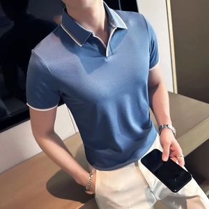 2023 Style d'été hommes décontracté coupe ajustée à manches courtes couleur unie POLO britannique revers bleu t-shirt Polo S4XL 240320