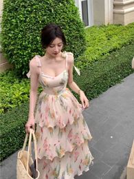 2023 verano dulce estampado Floral pastel vestido mujer elegante Correa volantes noche fiesta vestido femenino coreano Chic vacaciones Vestidos