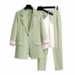 2023 Été mince veste blazer pantalon décontracté gilet blanc 3pcs ensemble élégant femmes pantalons costume bureau vêtements de travail tenues survêtement U0CK #