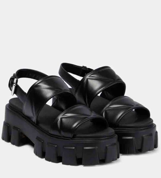 2023 Cuñas de verano Sandalias de mujer cepilladas Tacón de cuero blanco negro Plataforma de cuero Monolith SANDALIA Triángulo logo-diseñadores correa de tobillo plana Negro Blanco con caja