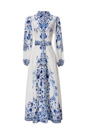 2023 Zomer Witblauw Paisley Print Belted Druted Jurk lange mouw reversnekknoppen Knoppen met één borsten lange casual jurken D3W031712
