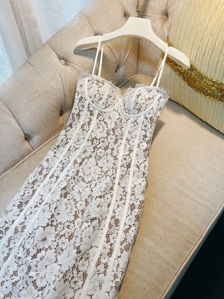 2023 été blanc dentelle florale lambrissé robe Spaghetti sangle chérie cou genou longueur robes décontractées D3L041408