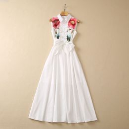 2023 Verano Blanco Estampado floral Vestido con cinturón Sin mangas Solapa Cuello Paneles Midi Vestidos casuales S3W030427