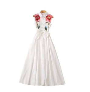 2023 Zomer witte bloemenprint rekte jurk mouwloze revershals panelen midi casual jurken S3W030427