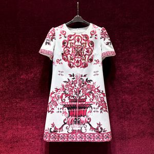 2023 été blanc rouge fleur Paisley imprimé robe à manches courtes col rond genou longueur robes décontractées A3Q122240