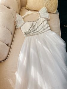 2023 été blanc couleur unie perlée Tulle robe mancherons chérie cou strass longues Maxi robes décontractées J3L066935