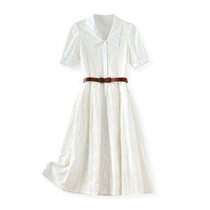 2023 Zomer Wit Wit Solid Color EmbroideryDress Korte mouw Rapel Hek Taille Gorde Knie-lengte Casual jurken W3L043404