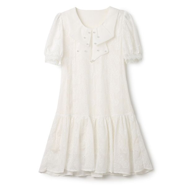 2023 été blanc couleur unie broderie dentelle robe à manches courtes col rond genou longueur robes décontractées W3L041909