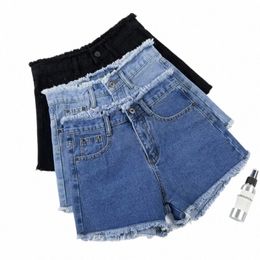 2023 Mujer de verano High Haist Jeans Shorts Fi Bordes ásperos Denim Pantalones cortos Colegiala Pantalones casuales Azul Negro Blanco Jeans X5kI #