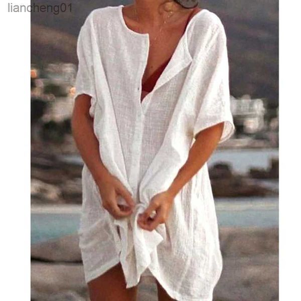 2023 Été Femmes Cover-ups Coton Lin Plage Blouse Tops Casual Mi Longueur Robes S-8XL Plus La Taille Lâche Maillot De Bain Femme L230619