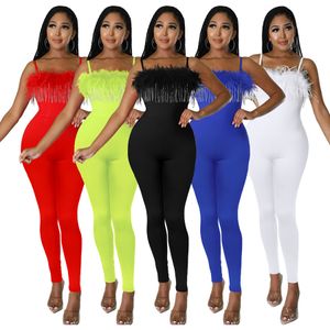 2024 Diseñador Verano Mujeres Monos Plumas Señora Mameluco Pantalones Sexy Club Ropa de fiesta Sin mangas Cadena de diamantes de imitación Trajes de una pieza Ropa al por mayor 9105