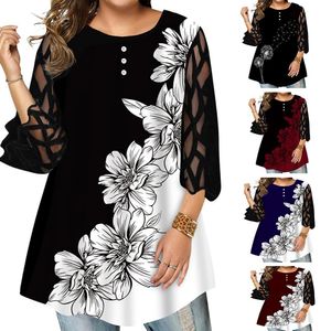 2023 Zomer Vrouwen Plus Size Blouse Vrouwen Driekwart Mesh Mouw Gedrukt Elegante Tuniek Tops Losse Oversized Dames shirt Sweatshirts